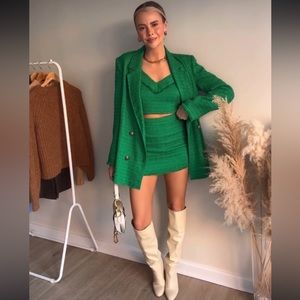 Zara Set - 3 Piece Suit - Green Textured Double Breasted Blazer, Top, & Skort